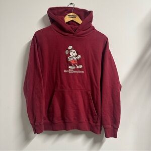 Y2K Disney Mickey Mouse Embroidered Pullover Hoodie Red Mens Medium
